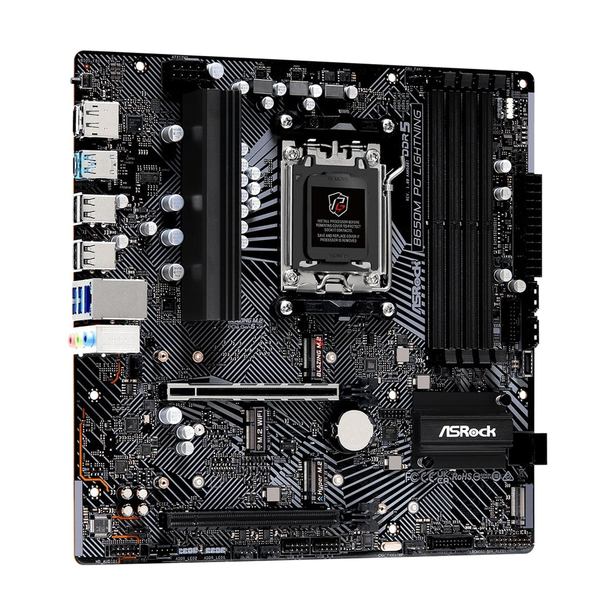 ASRock B650M PG Lightning AMD AM5 Socket Motherboard, Micro-ATX, 4x DDR5 Slots, 3x M.2 Sockets, 1x USB-C Port, 2.5GbE LAN, 1x DisplayPort / 1x HDMI Port