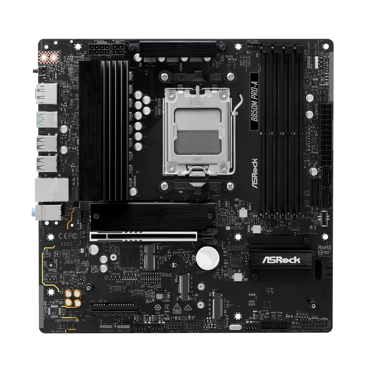 ASRock B850M Pro-A AMD AM5 Socket Motherboard, Micro-ATX, 4x DDR5 Slots, 3x M.2 Sockets, 2.5GbE LAN, 1x DisplayPort / 1x HDMI Port