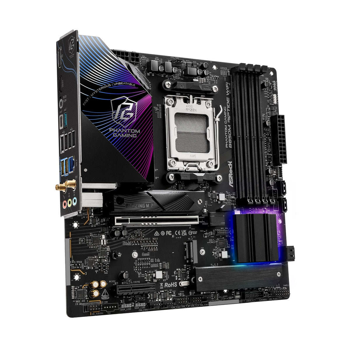 ASRock B850M Riptide WiFi AMD AM5 Socket Motherboard, Micro-ATX, 4x DDR5 Slots, 3x M.2 Sockets, Fitted I/O Shield, 2.5GbE LAN, Wi-Fi 7, 1x DisplayPort / 1x HDMI Port