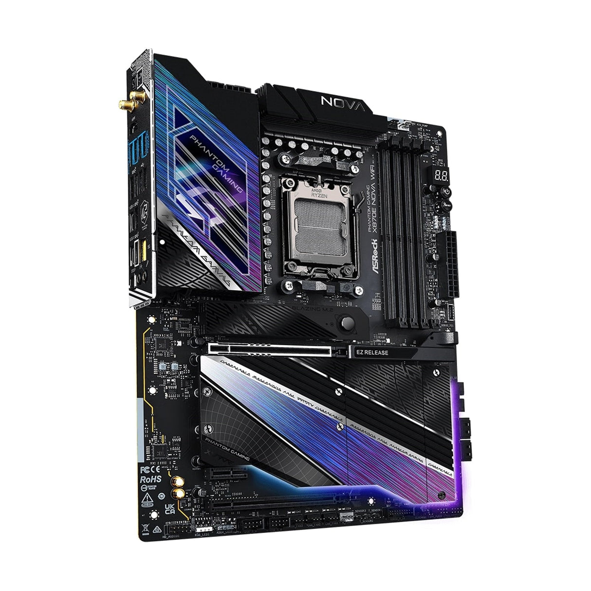 ASRock X870E NOVA WIFI PHANTOM GAMING AMD AM5 Socket Motherboard, ATX, 4x DDR5 Slots, 5x M.2 Sockets, Fitted I/O Shield, 5GbE LAN, Wi-Fi 7, 1x HDMI Port / 2x USB-C (USB4)