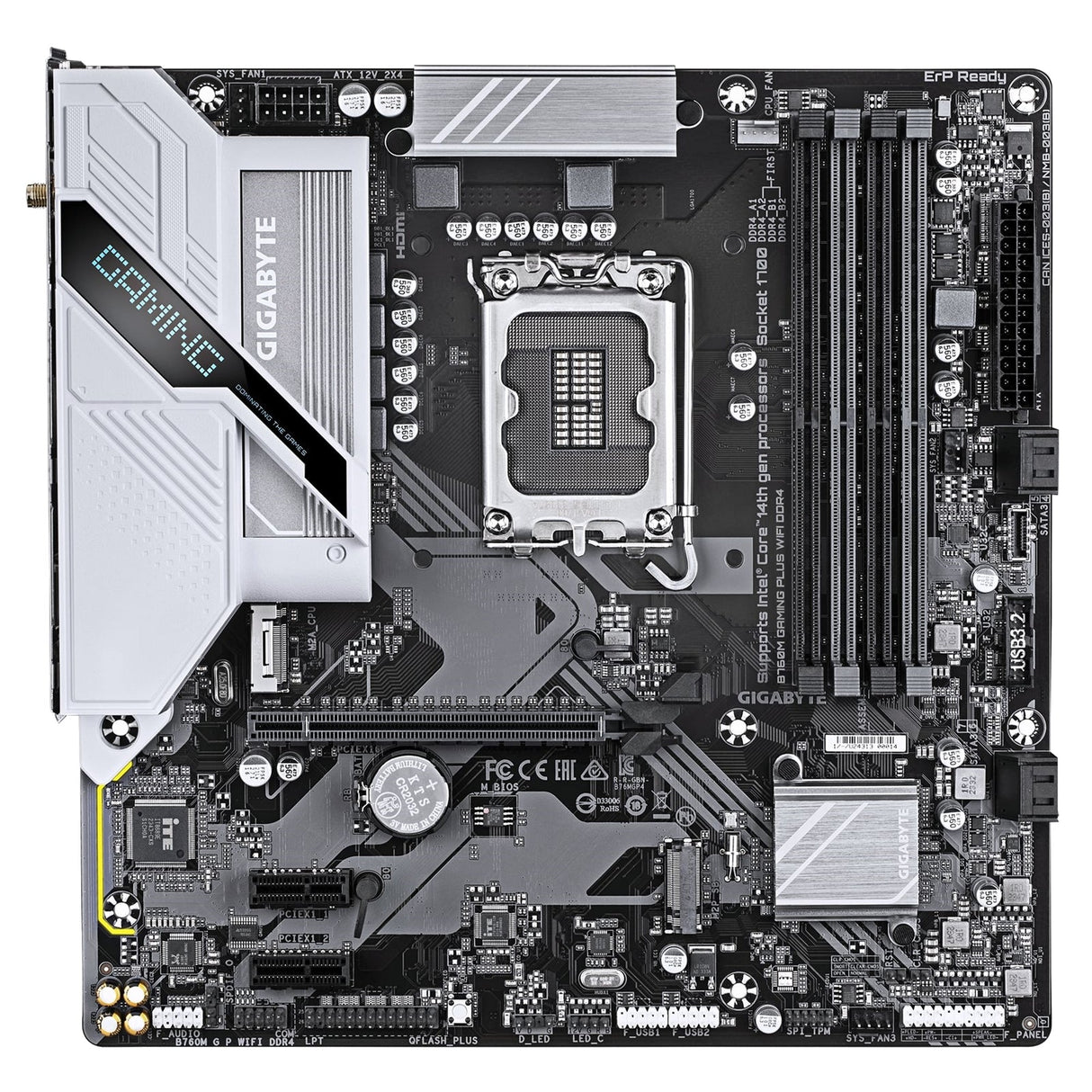 Gigabyte B760M GAMING PLUS WIFI DDR4 Intel 1700 Socket Motherboard, Micro-ATX, 4x DDR4 Slots, 2x M.2 Sockets, Fitted I/O Shield, GbE LAN, Wi-Fi 6, 1x DisplayPort / 1x HDMI Port