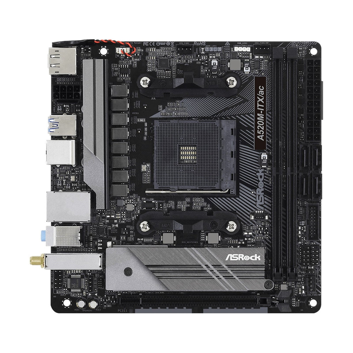 ASRock A520M-ITX/ac AMD AM4 Socket Motherboard, Mini-ITX, 2x DDR4 Slots, 1x M.2 Socket, GbE LAN, Wi-Fi 5, 1x DisplayPort / 1x HDMI Port