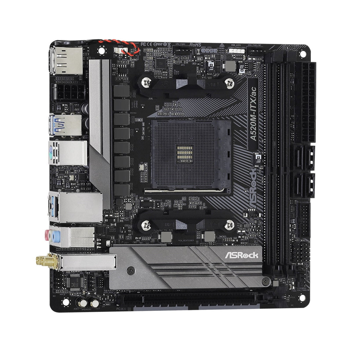 ASRock A520M-ITX/ac AMD AM4 Socket Motherboard, Mini-ITX, 2x DDR4 Slots, 1x M.2 Socket, GbE LAN, Wi-Fi 5, 1x DisplayPort / 1x HDMI Port