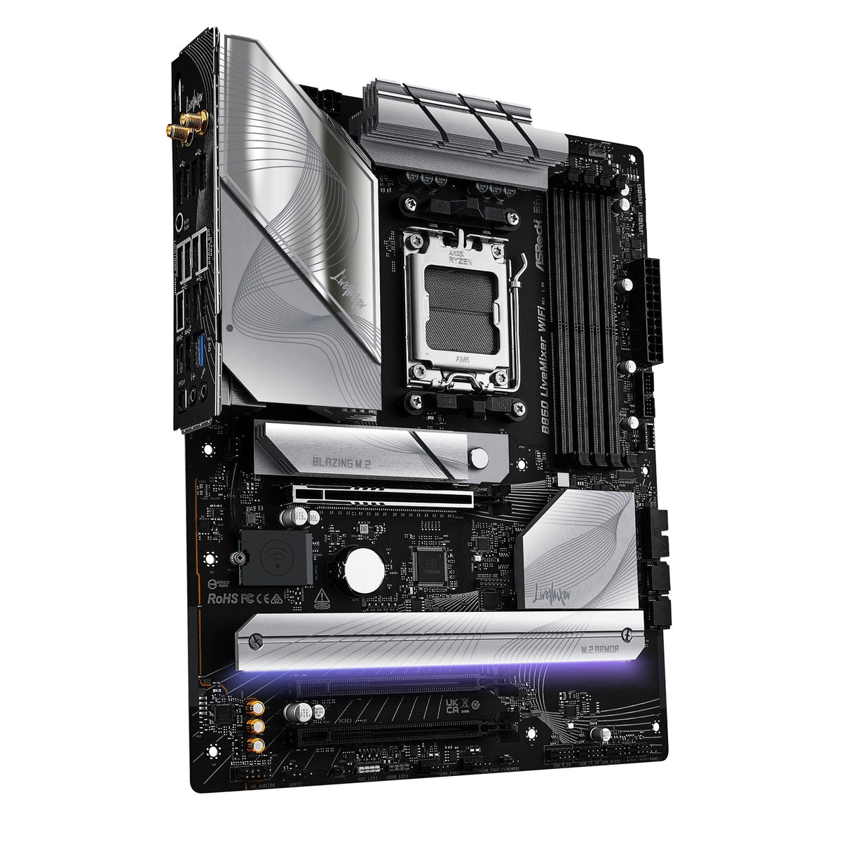 ASRock B850 LiveMixer WiFi AMD AM5 Socket Motherboard, ATX, 4x DDR5 Slots, 3x M.2 Sockets, Fitted I/O Shield, 2.5GbE LAN, Wi-Fi 7, 1x DisplayPort / 1x HDMI Port