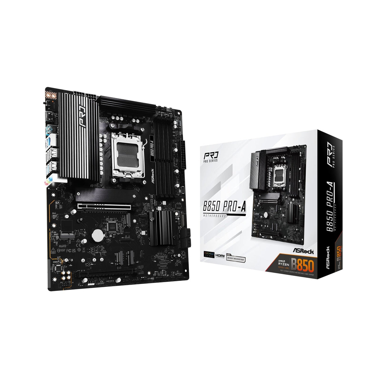 ASRock B850 Pro-A AMD AM5 Socket Motherboard, ATX, 4x DDR5 Slots, 4x M.2 Sockets, 2.5GbE LAN, 1x HDMI Port / 1x USB-C