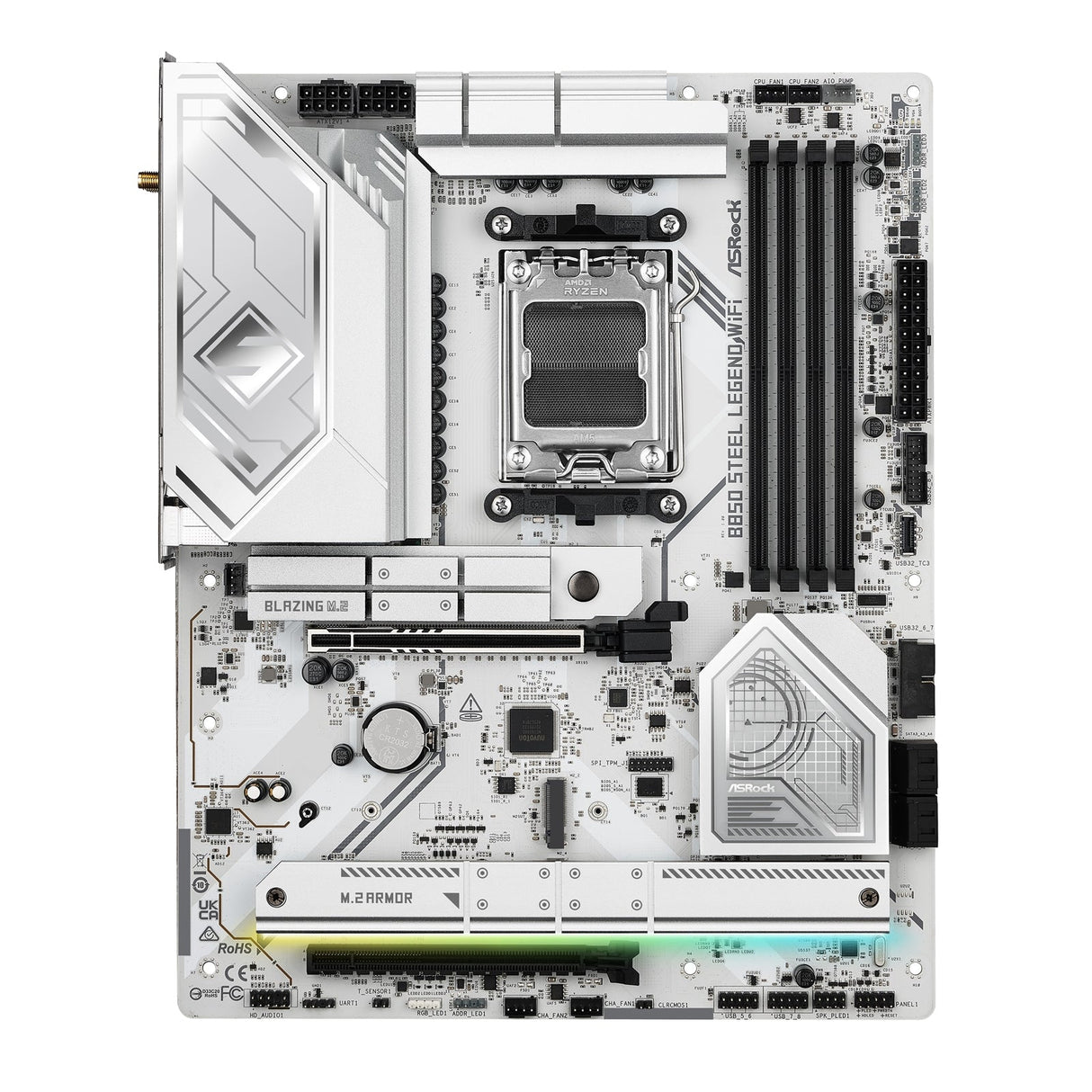 ASRock B850 Steel Legend WiFi AMD AM5 Socket Motherboard, ATX, 4x DDR5 Slots, 4x M.2 Sockets, Fitted I/O Shield, 2.5GbE LAN, Wi-Fi 7, 1x HDMI Port