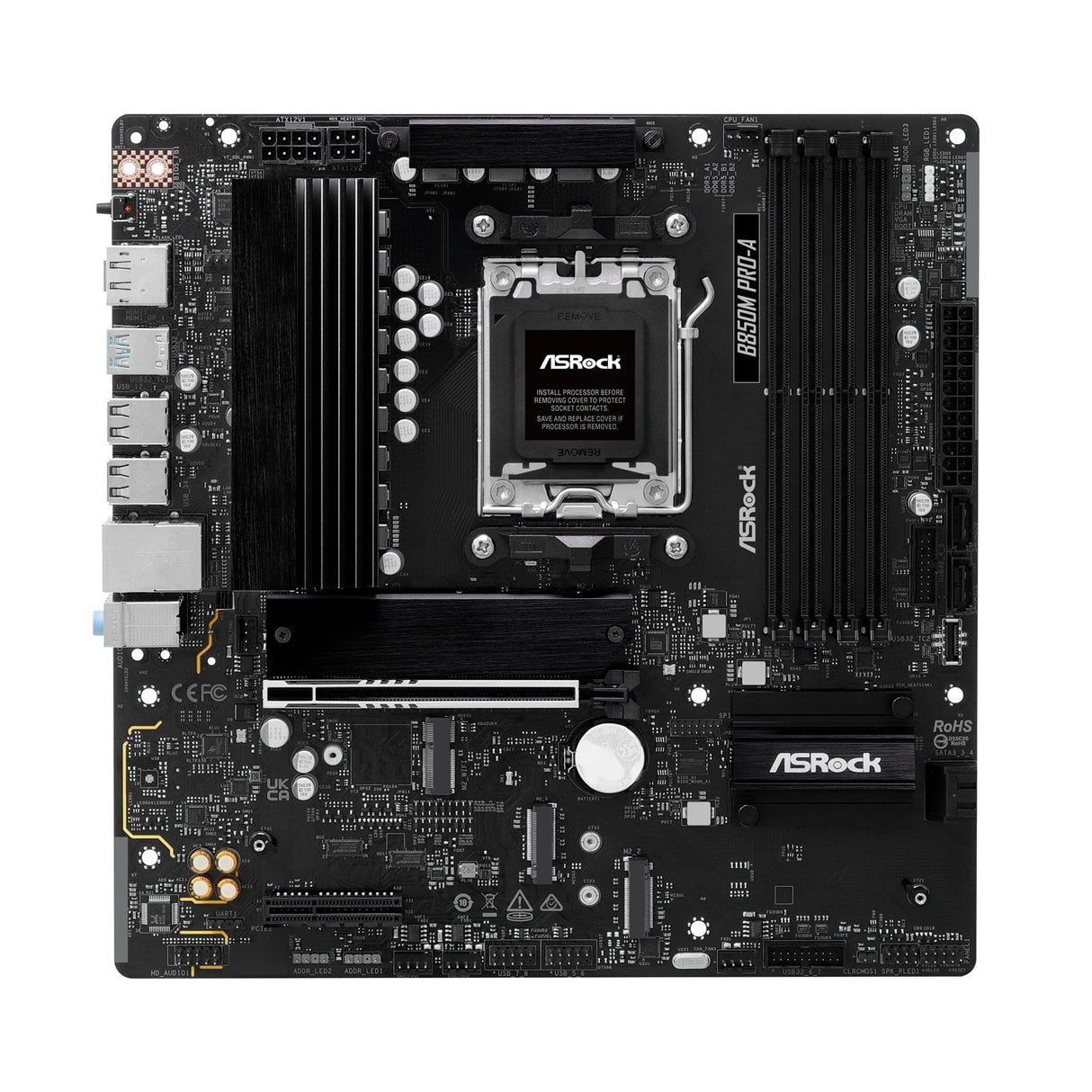 ASRock B850M Pro-A AMD AM5 Socket Motherboard, Micro-ATX, 4x DDR5 Slots, 3x M.2 Sockets, 2.5GbE LAN, 1x DisplayPort / 1x HDMI Port