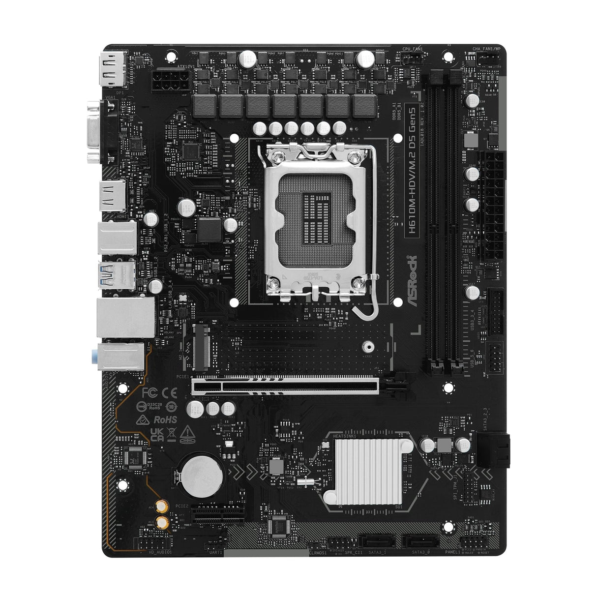 ASRock H610M-HDV/M.2 D5 Gen5 Intel 1700 Socket Motherboard, Micro-ATX, 2x DDR5 Slots, 1x M.2 Socket, GbE LAN, 1x D-Sub / 1x DisplayPort / 1x HDMI Port