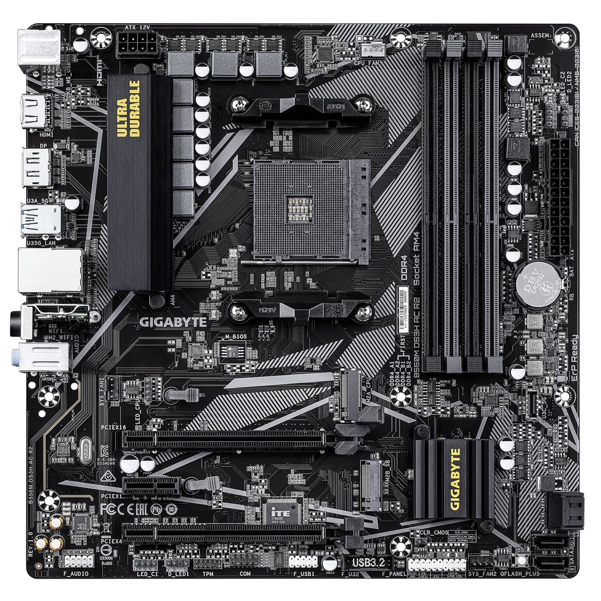 Gigabyte B550M DS3H AC R2 Ultra Durable AMD AM4 Socket Motherboard, Micro-ATX, 4x DDR4 Slots, 2x M.2 Socket, GbE LAN, Wi-Fi 5, 1x DisplayPort / 1x HDMI Port