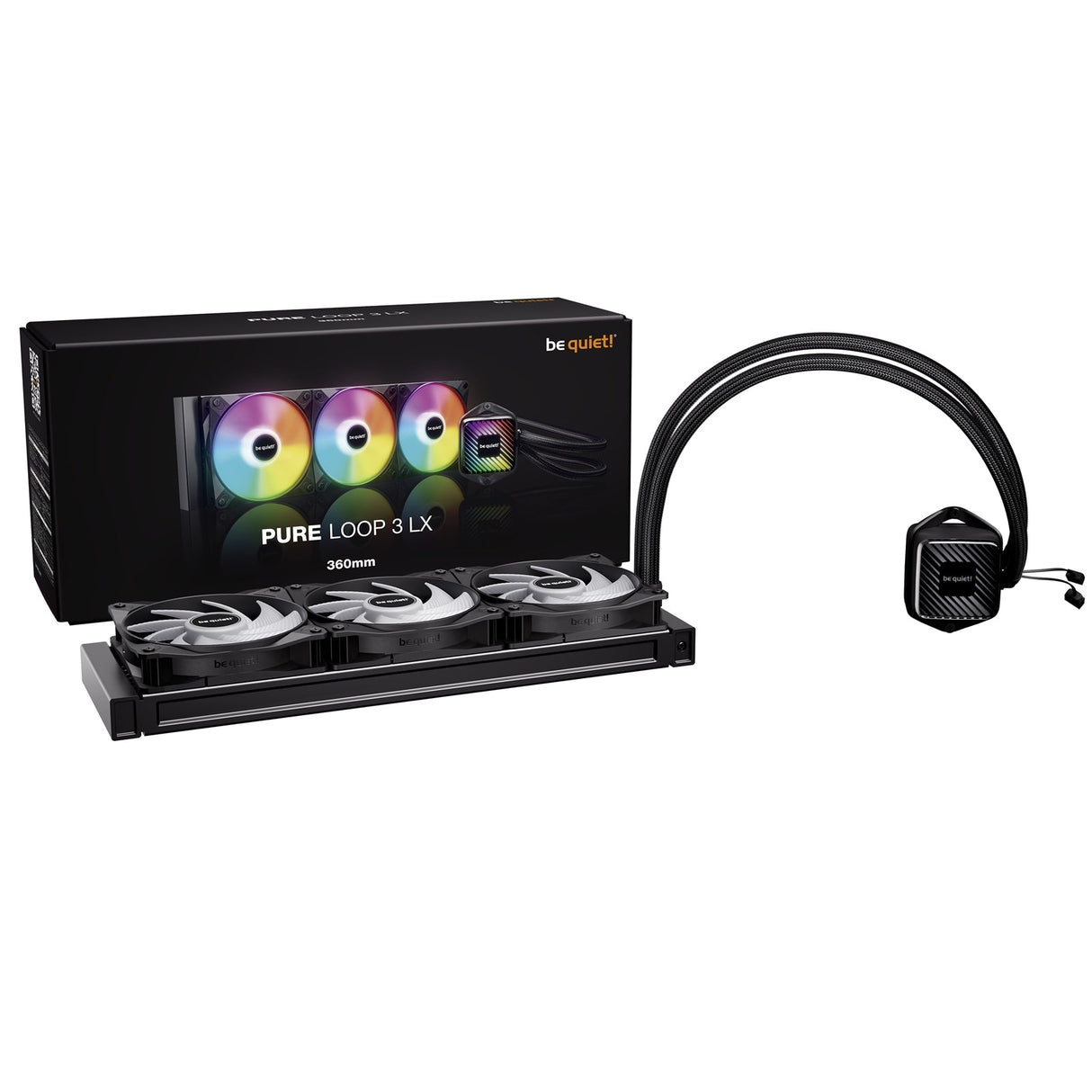 be quiet! Pure Loop 3 LX Liquid CPU Cooler, Universal Socket, 360mm Radiator, 3 x Light Wings LX PWM High Speed, Stylish ARGB cooling block featuring 10 included lighting foils, 3-year manufacurer's warranty.